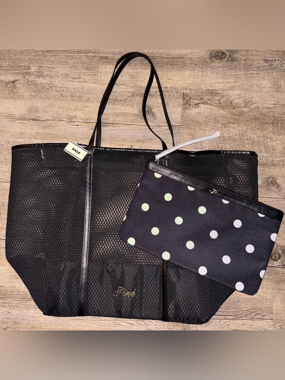 Pink by Victoria's Secret Black Mesh Tote with Polka Dot Pouch